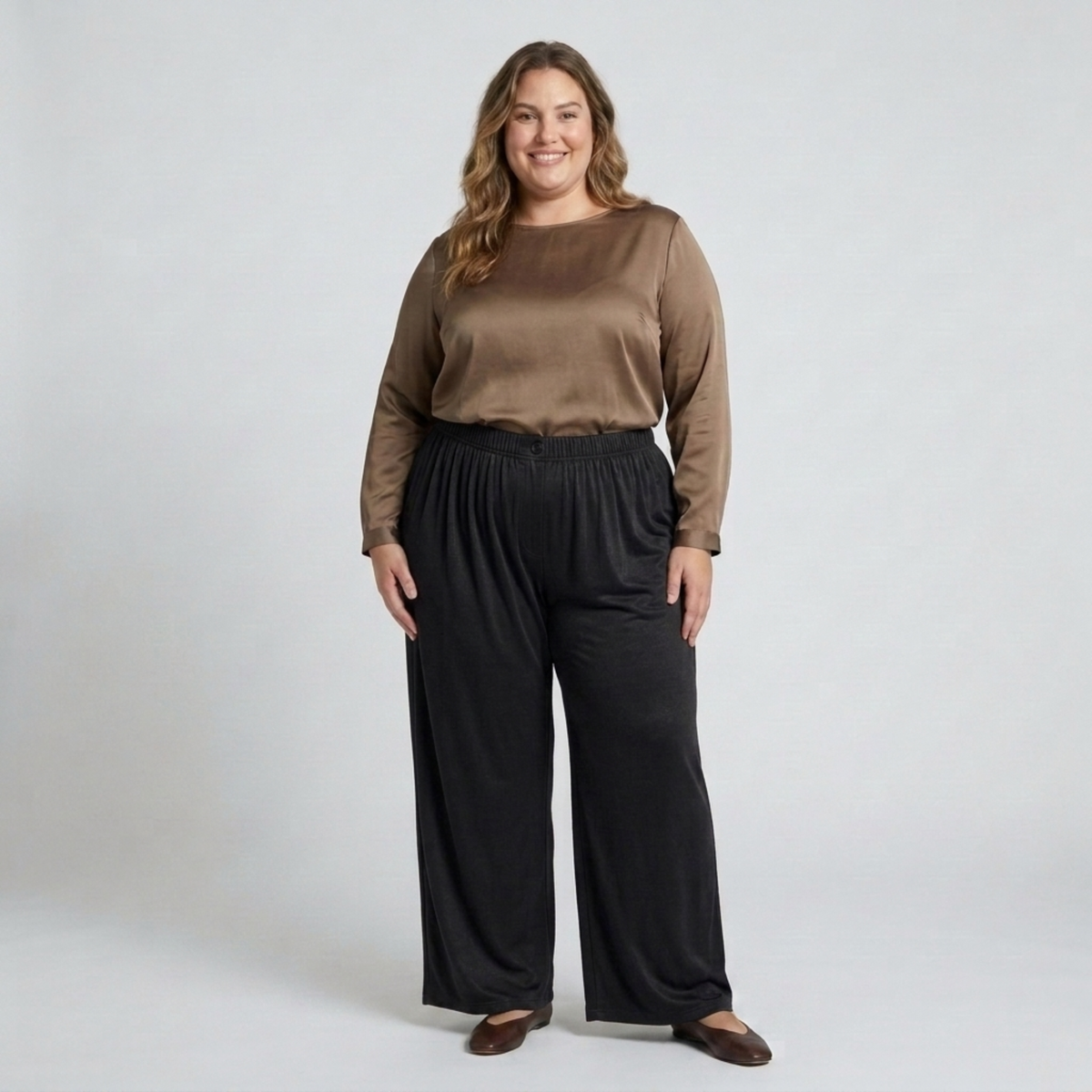 Wide large size pants for women with elastic draped fluid waist — Black