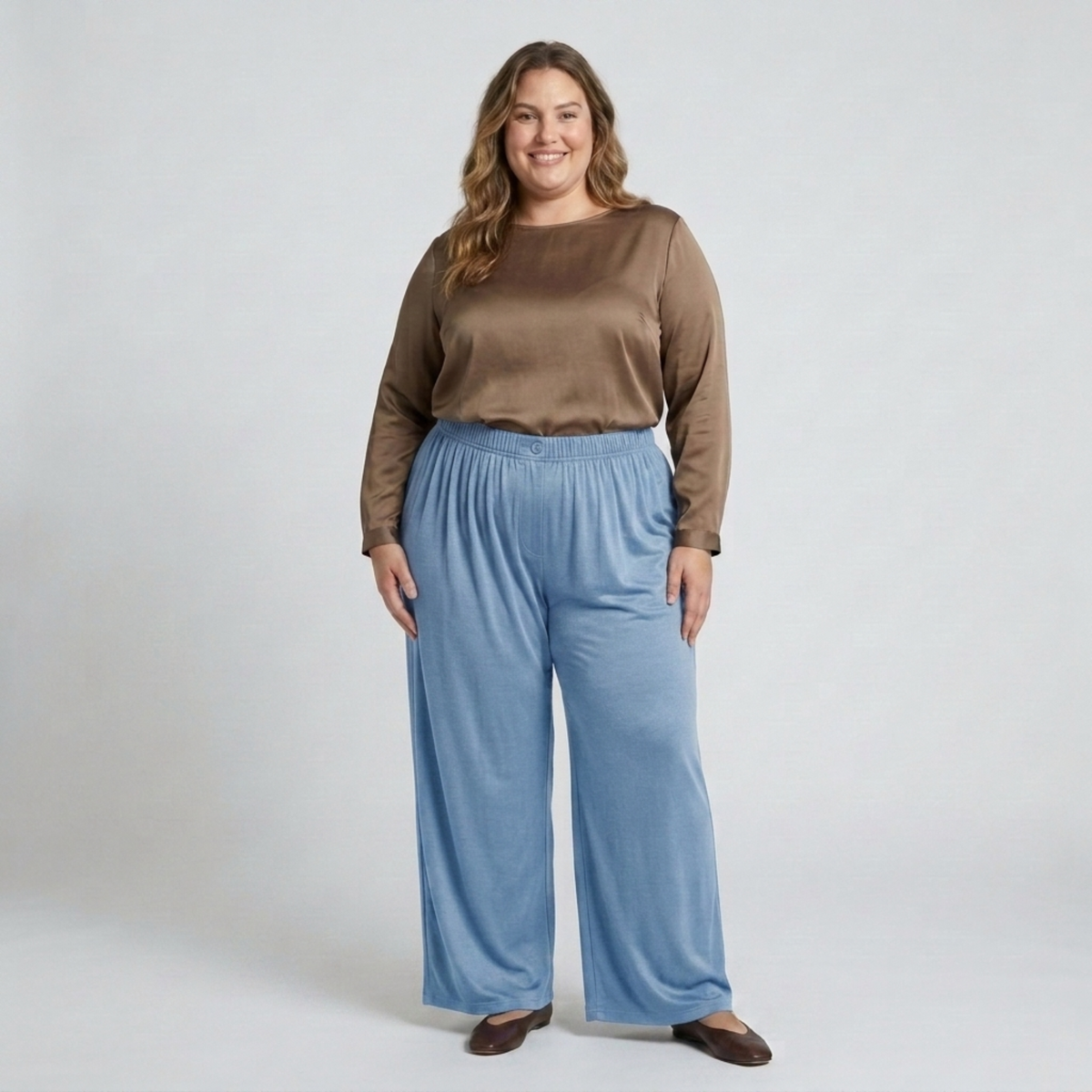Wide large size pants for women with elastic draped fluid waist — Light Blue