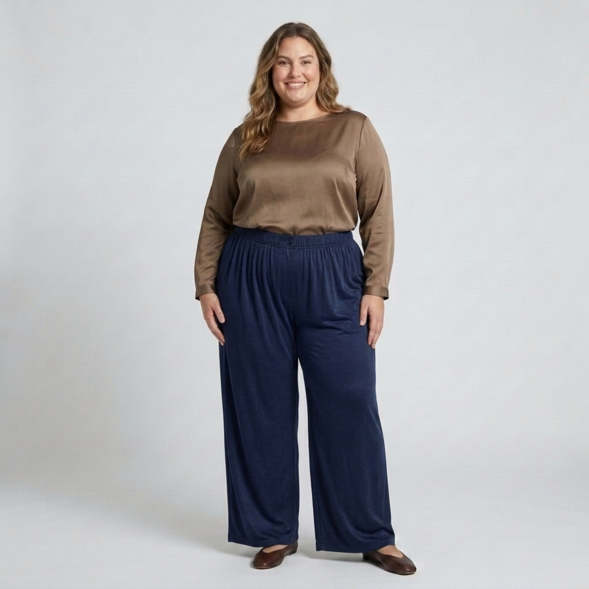 Wide large size pants for women with elastic draped fluid waist — Dark Blue