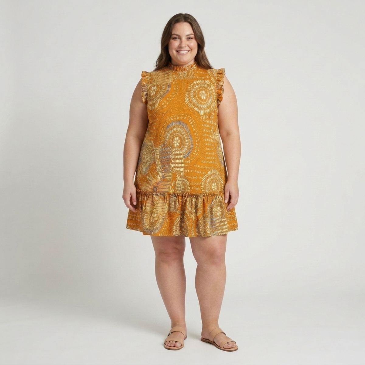 Plus Size Midi Dress – Round Neckline and Gathered Hem — Yellow