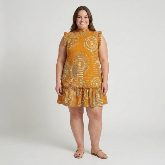 Plus Size Midi Dress – Round Neckline and Gathered Hem — Yellow