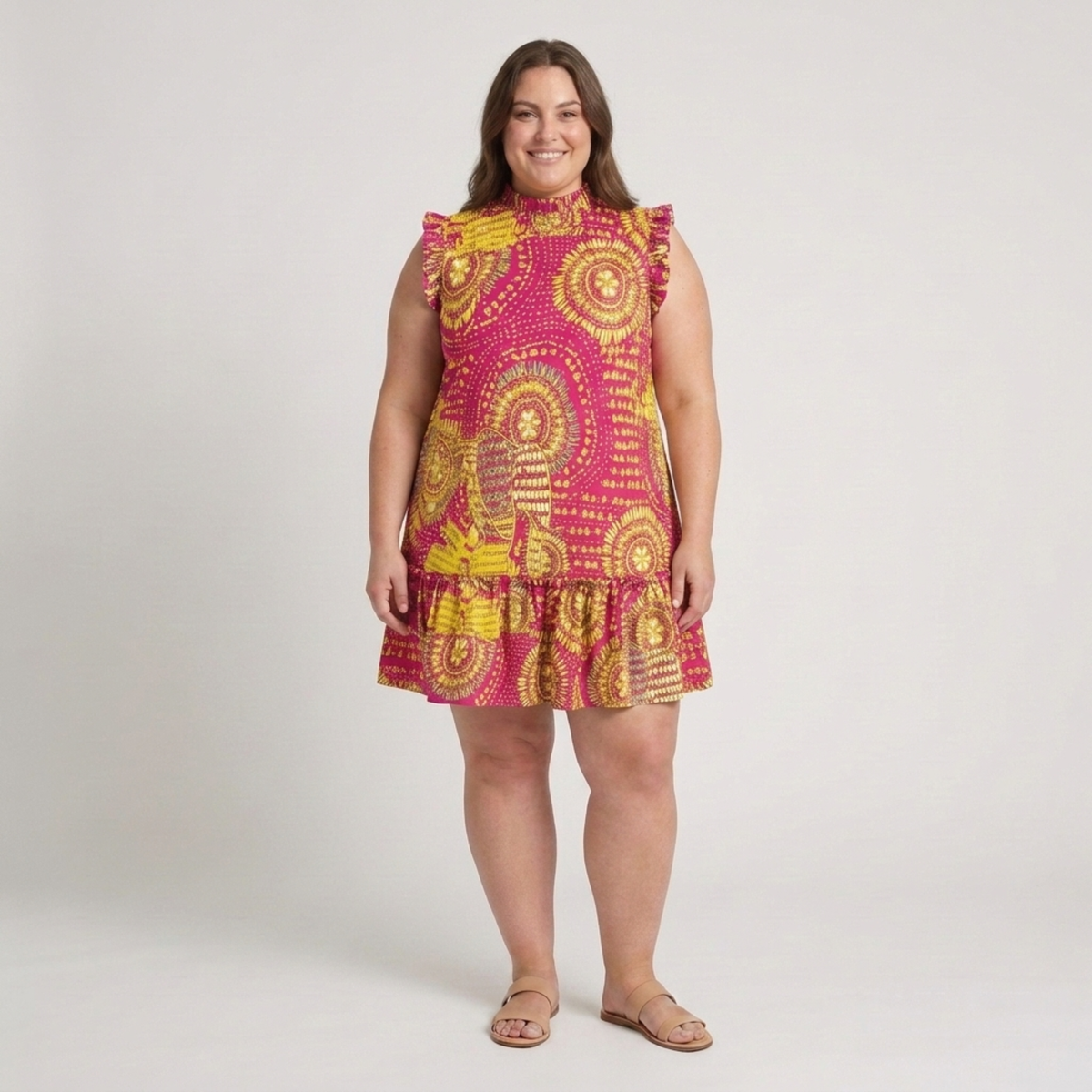Plus Size Midi Dress – Round Neckline and Gathered Hem — Pink