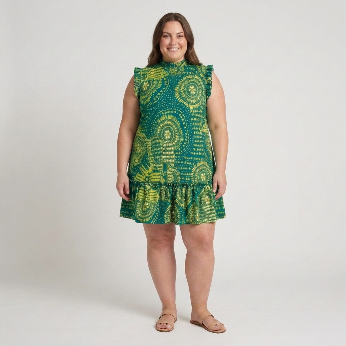Plus Size Midi Dress – Round Neckline and Gathered Hem — Green