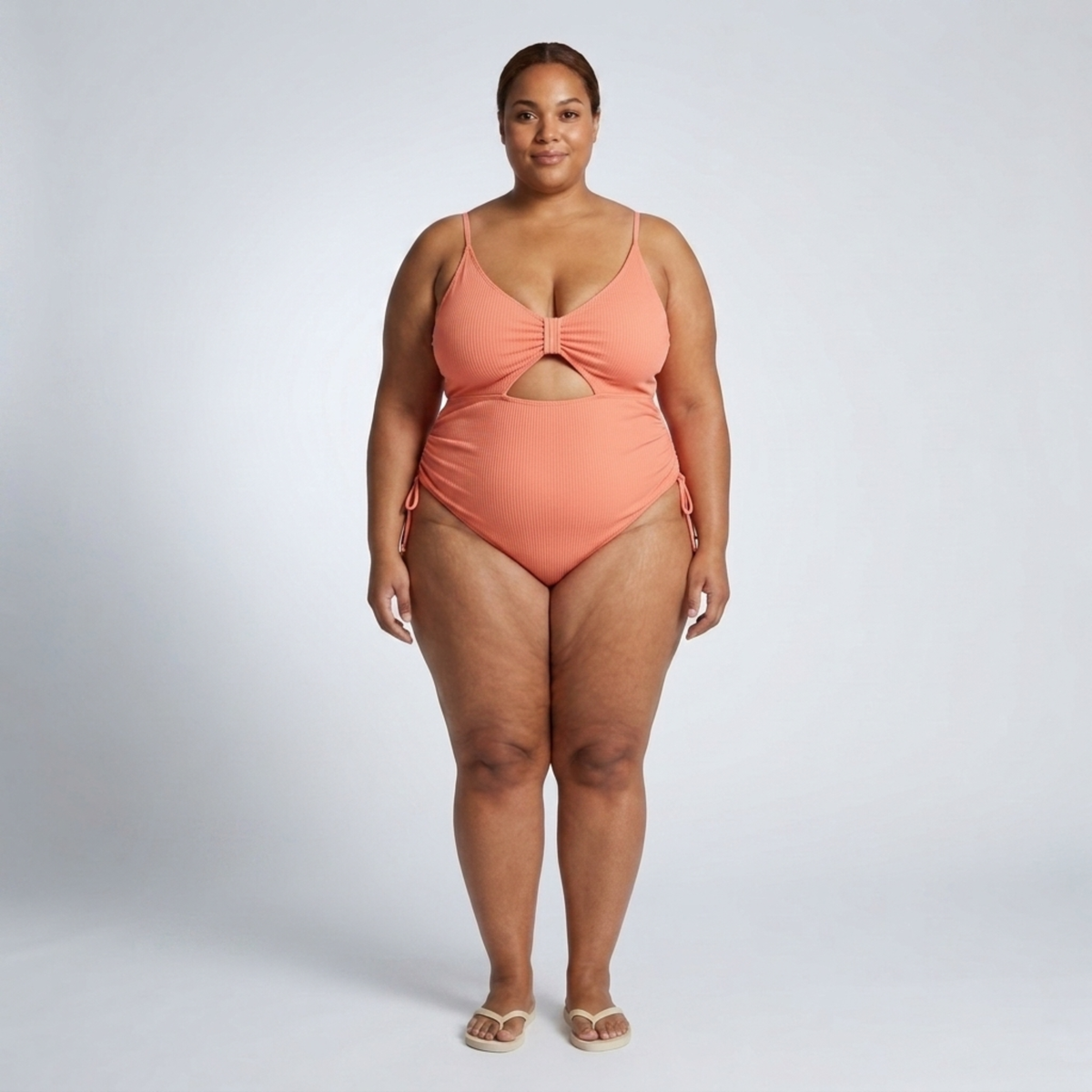 Plus Size One-Piece Swimsuit for Women with Cutout and Ruching — Orange