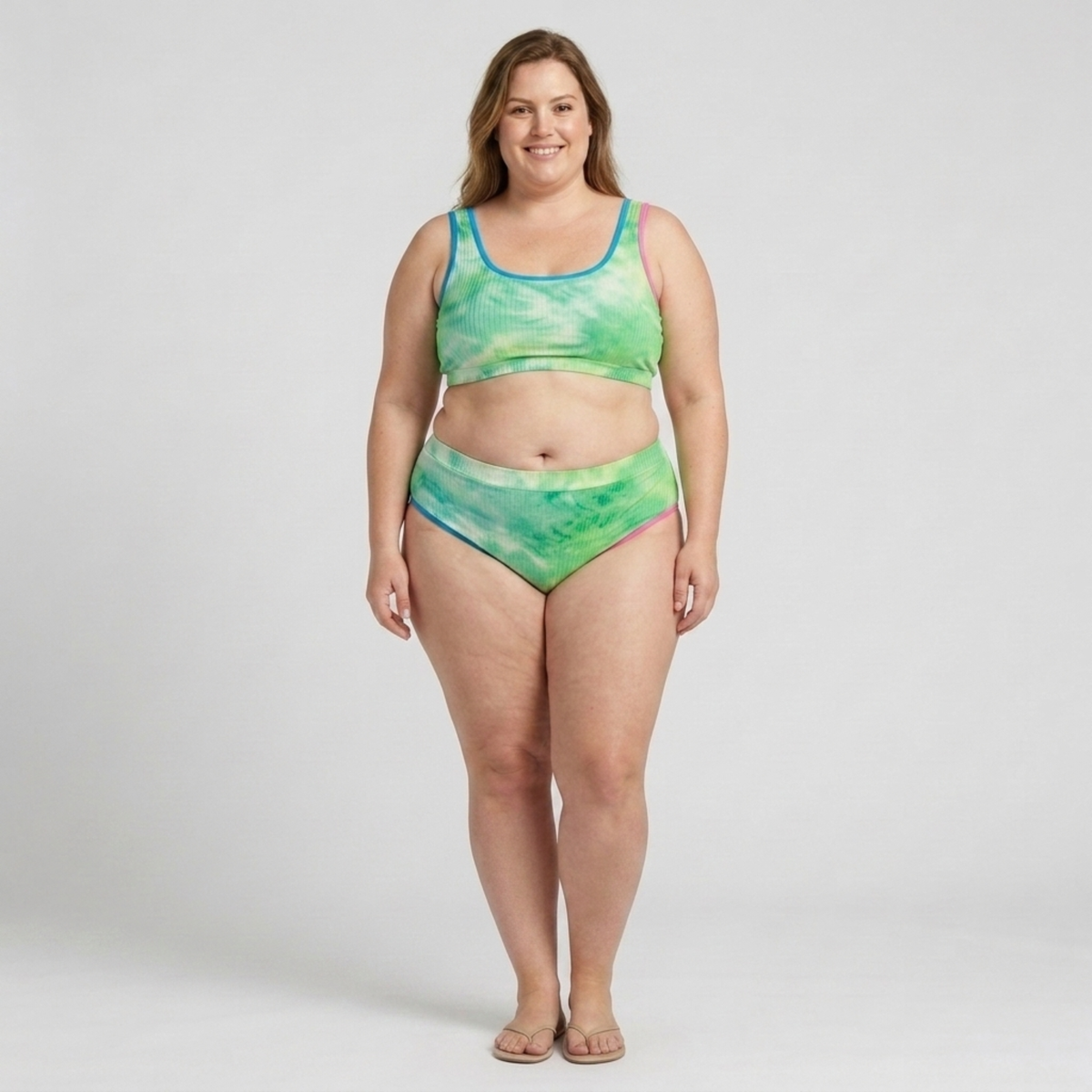 Zweiteiliger Plus-Size-Bikini für Damen mit High-Waist- und Batik-Optik — Grün