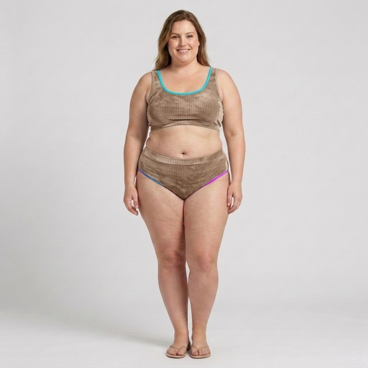 Zweiteiliger Plus-Size-Bikini für Damen mit High-Waist- und Batik-Optik — Khaki