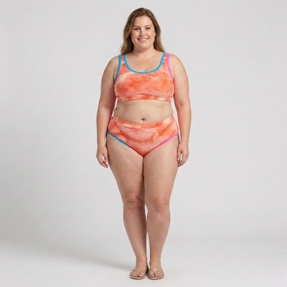 Zweiteiliger Plus-Size-Bikini für Damen mit High-Waist- und Batik-Optik — Orange