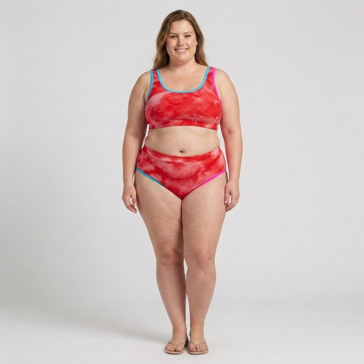 Zweiteiliger Plus-Size-Bikini für Damen mit High-Waist- und Batik-Optik — Rot