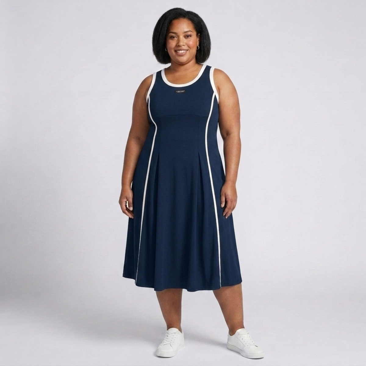 Plus Size Long Dress for Women, Sleeveless A-Line Cut with Round Neck — Navy Blue