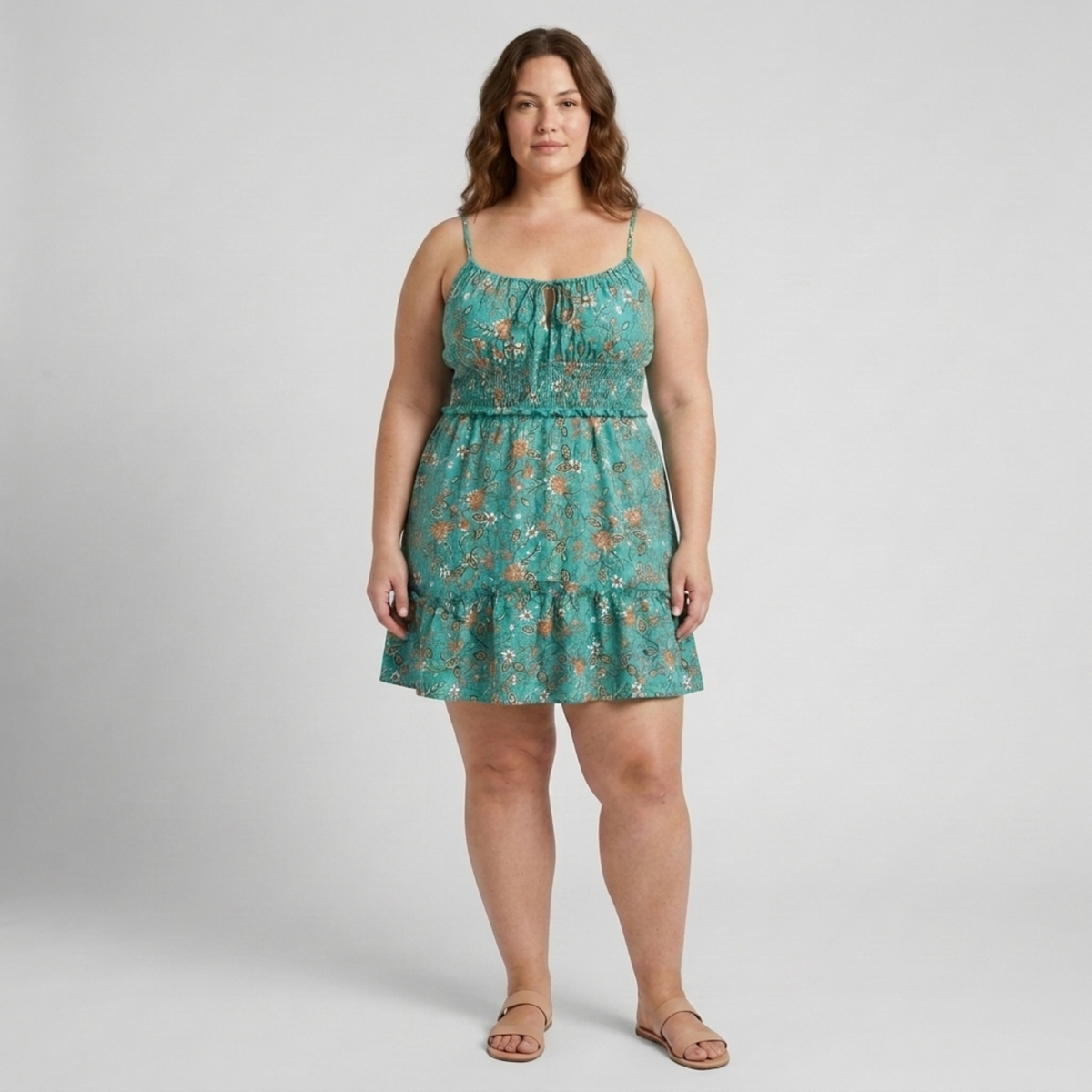 Plus Size Women's Flared Summer Dress with Floral Print and Straps — Turquoise