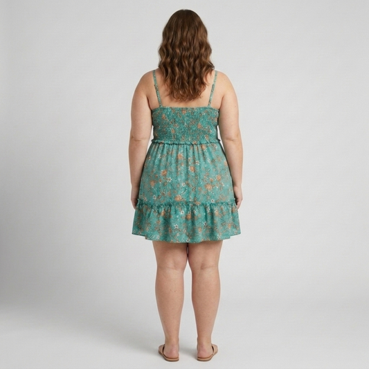 Plus Size Women's Flared Summer Dress with Floral Print and Straps — product view