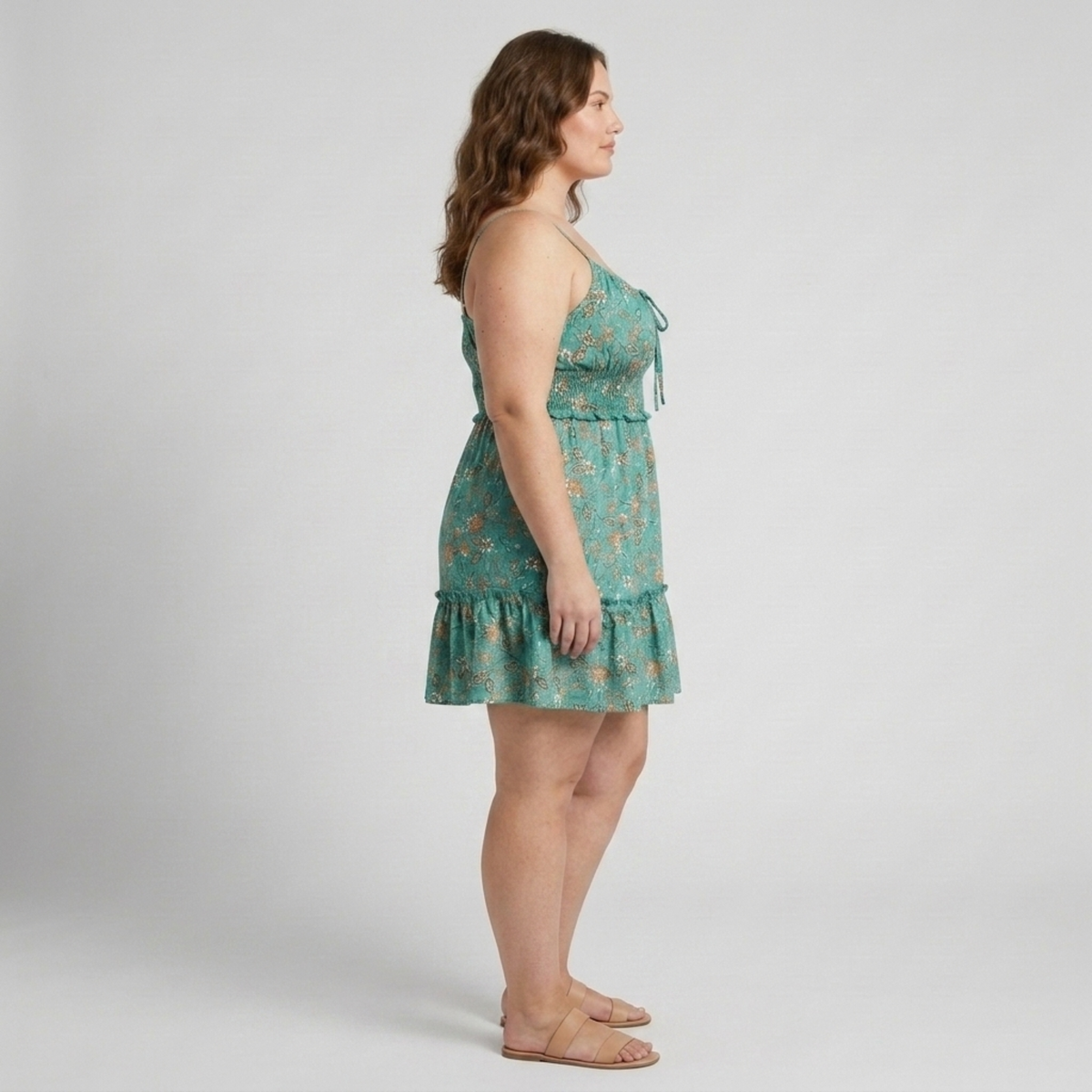 Plus Size Women's Flared Summer Dress with Floral Print and Straps — product view