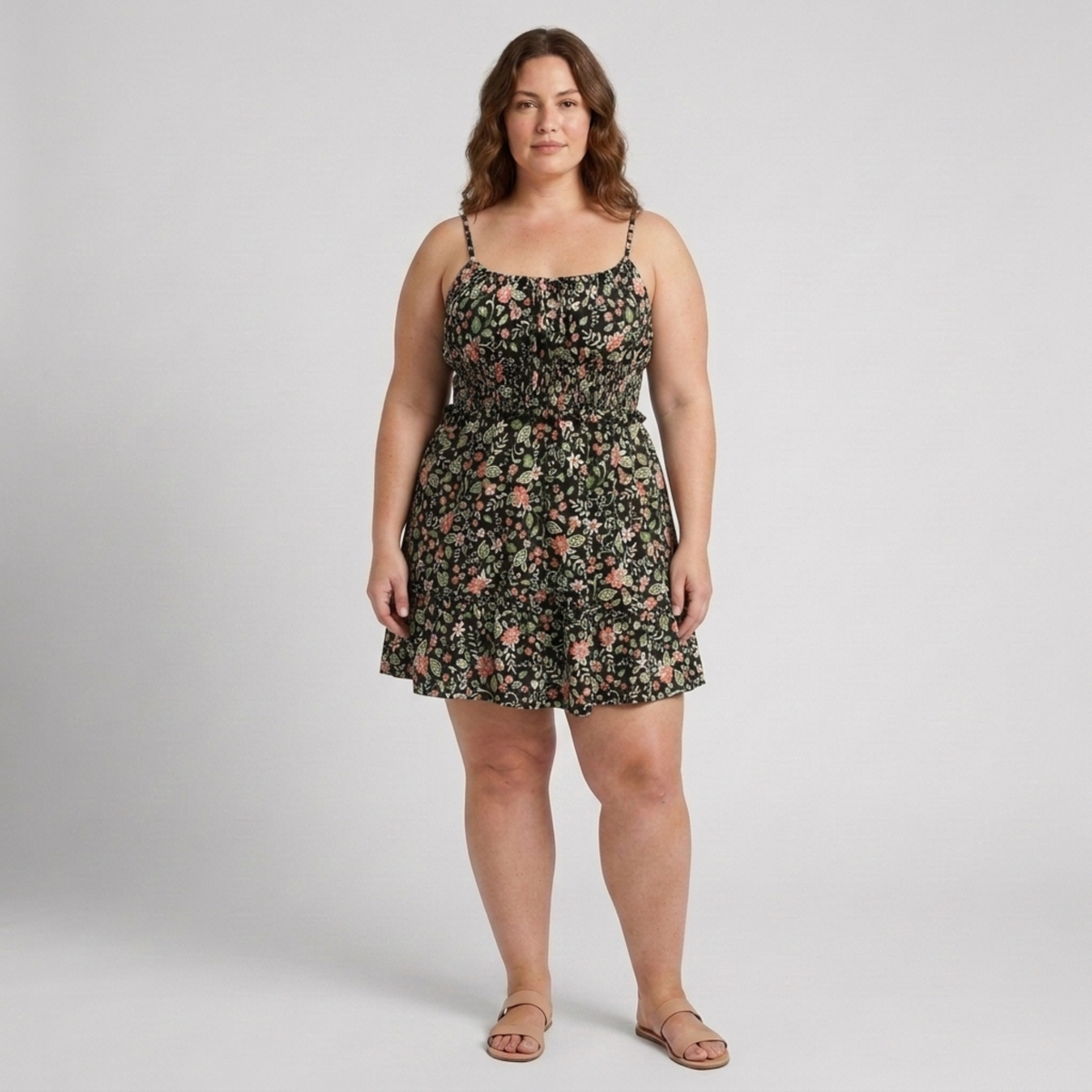 Plus Size Women's Flared Summer Dress with Floral Print and Straps — Black