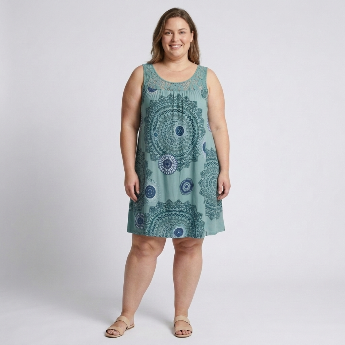 Plus Size Women's Printed Summer Dress with Lace Details — Light Green