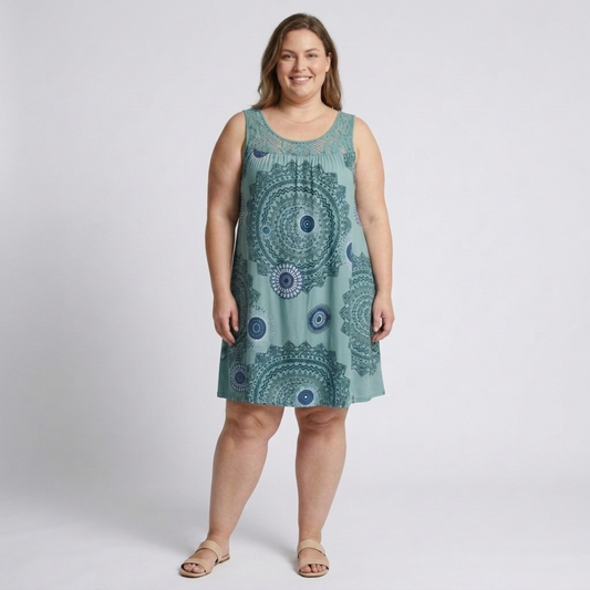 Plus Size Women's Printed Summer Dress with Lace Details — Light Green