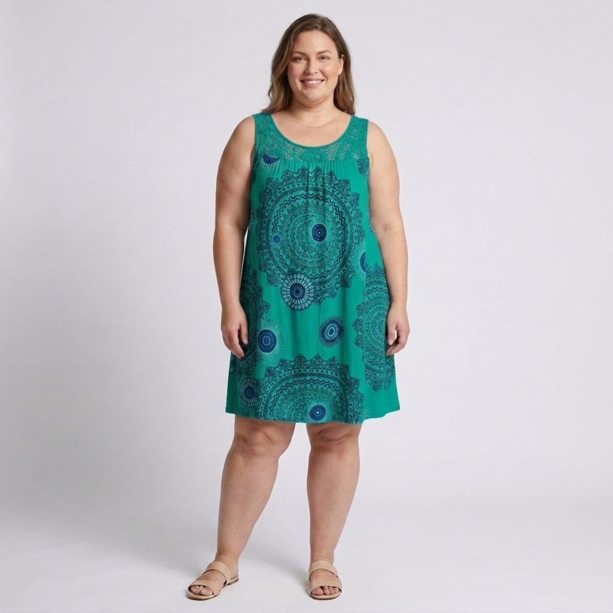 Plus Size Women's Printed Summer Dress with Lace Details — Green
