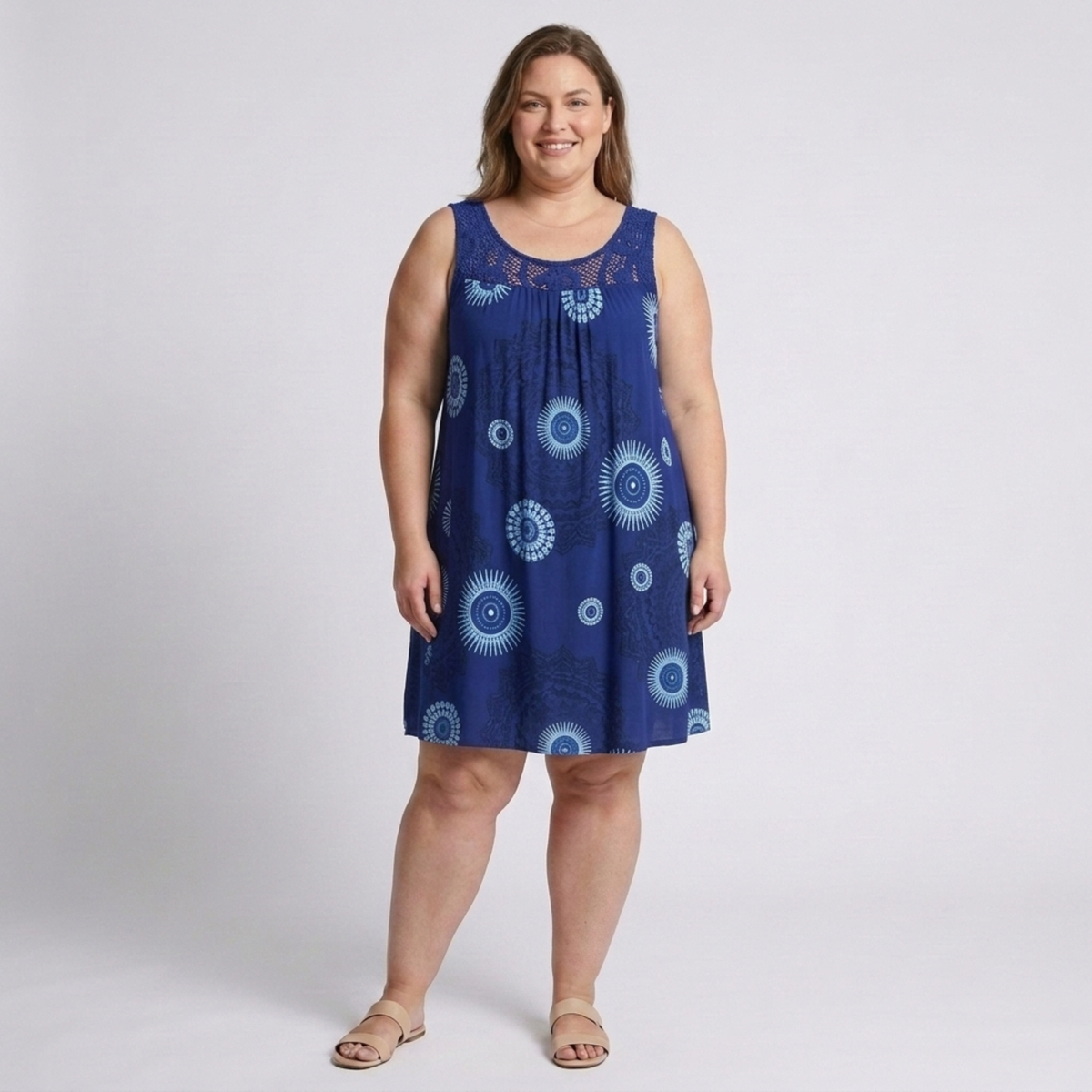 Plus Size Women's Printed Summer Dress with Lace Details — Blue