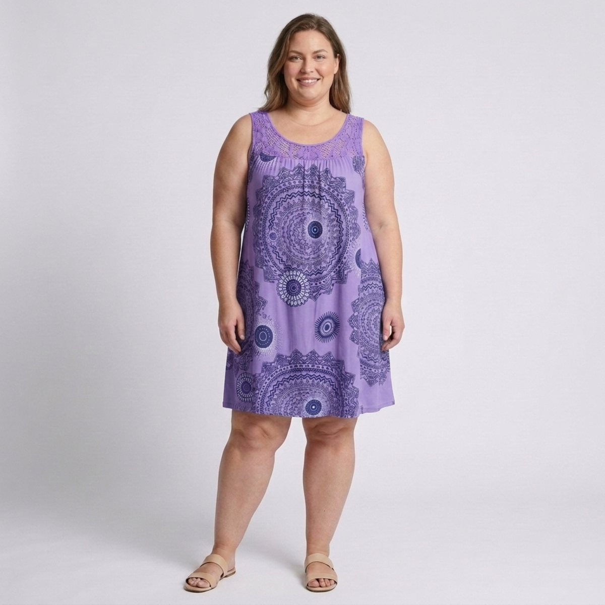 Plus Size Women's Printed Summer Dress with Lace Details — Purple