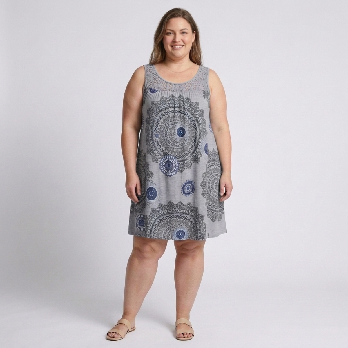 Plus Size Women's Printed Summer Dress with Lace Details — Grey