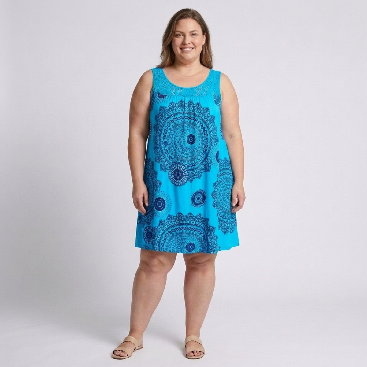 Plus Size Women's Printed Summer Dress with Lace Details — Light Blue