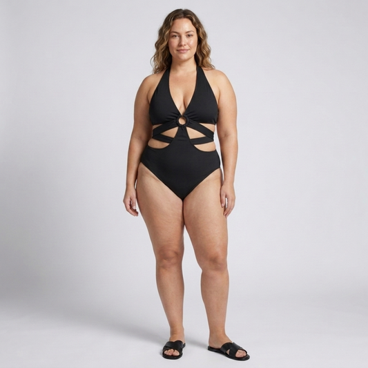 Plus size one-piece swimsuit for women with cut-out back design — Black