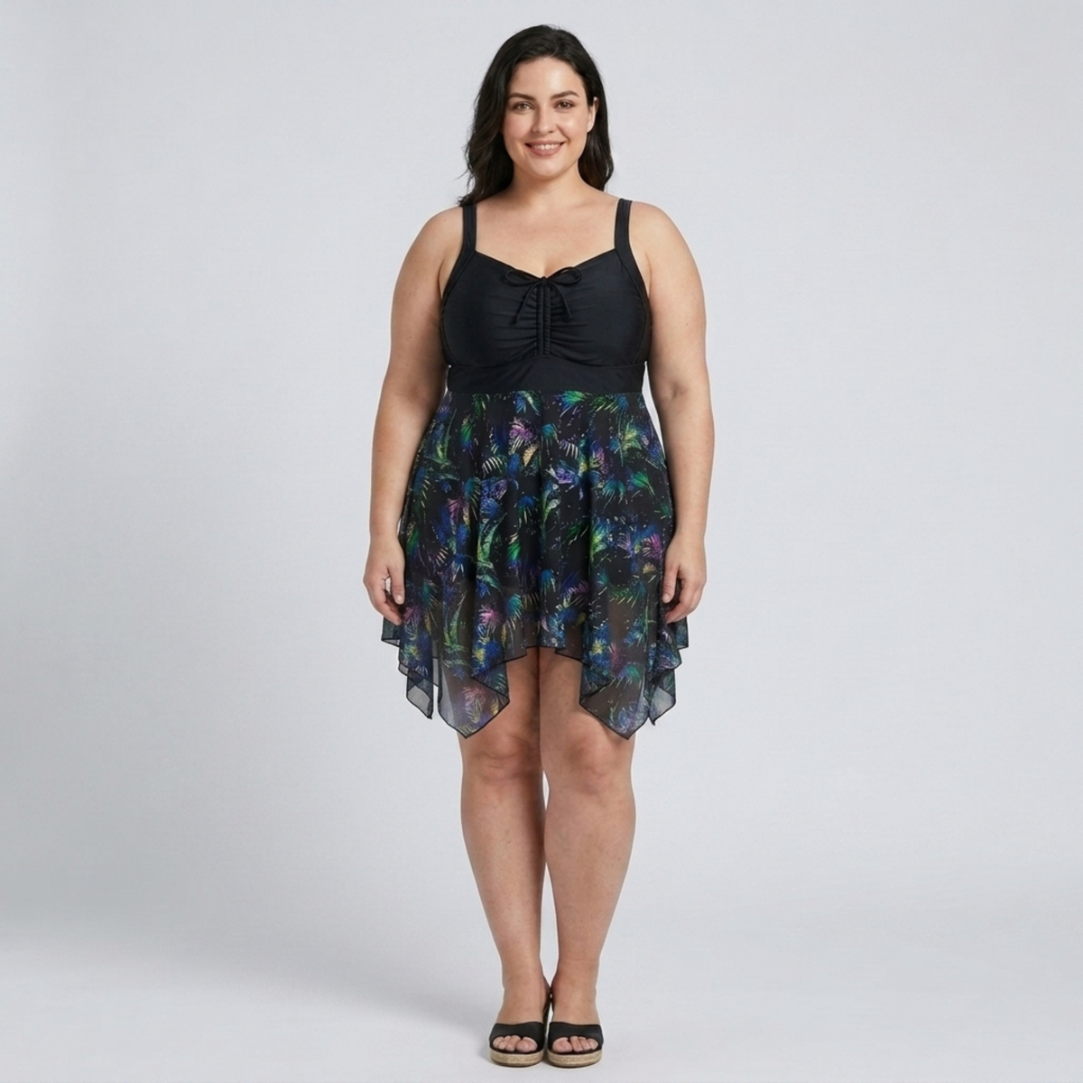 Plus Size Women's Swimsuit Dress with Printed Integrated Skirt — Black