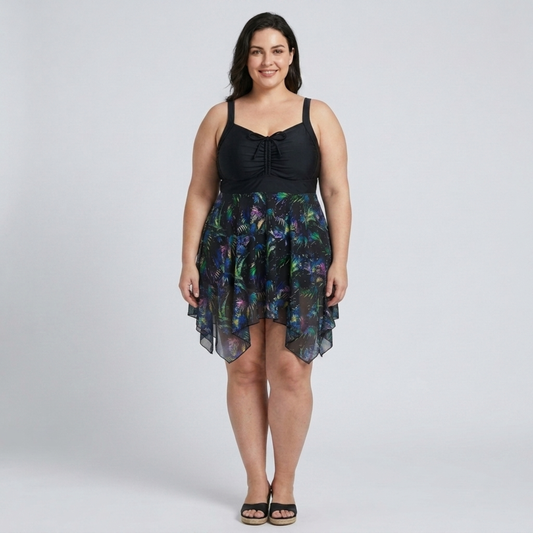 Plus Size Women's Swimsuit Dress with Printed Integrated Skirt — Black