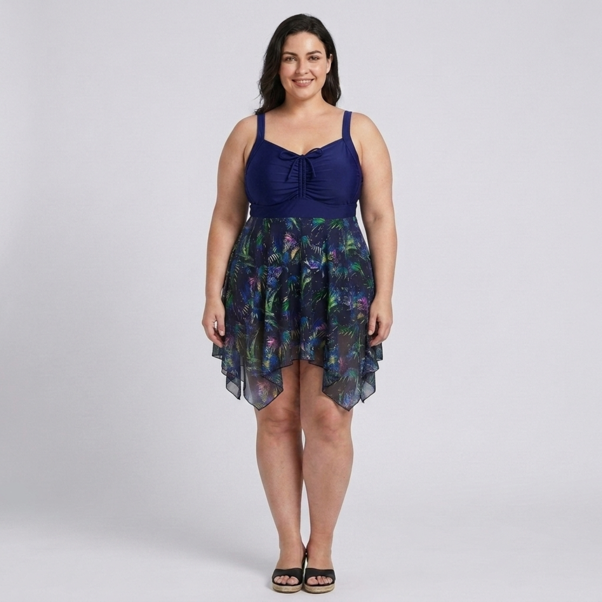 Plus Size Women's Swimsuit Dress with Printed Integrated Skirt — Blue