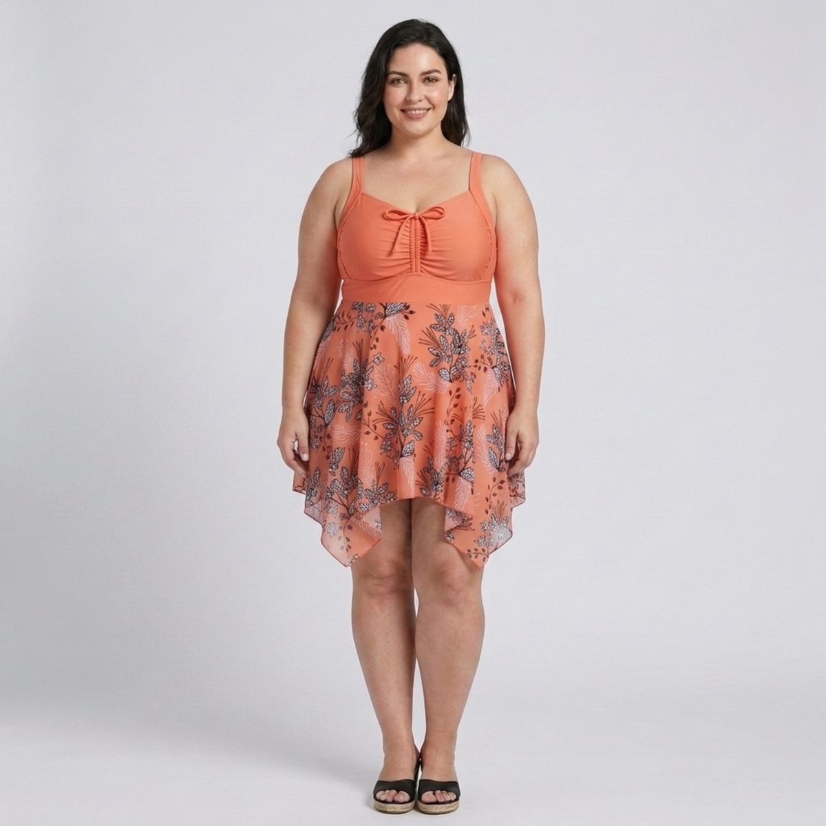 Plus Size Women's Swimsuit Dress with Printed Integrated Skirt — Orange