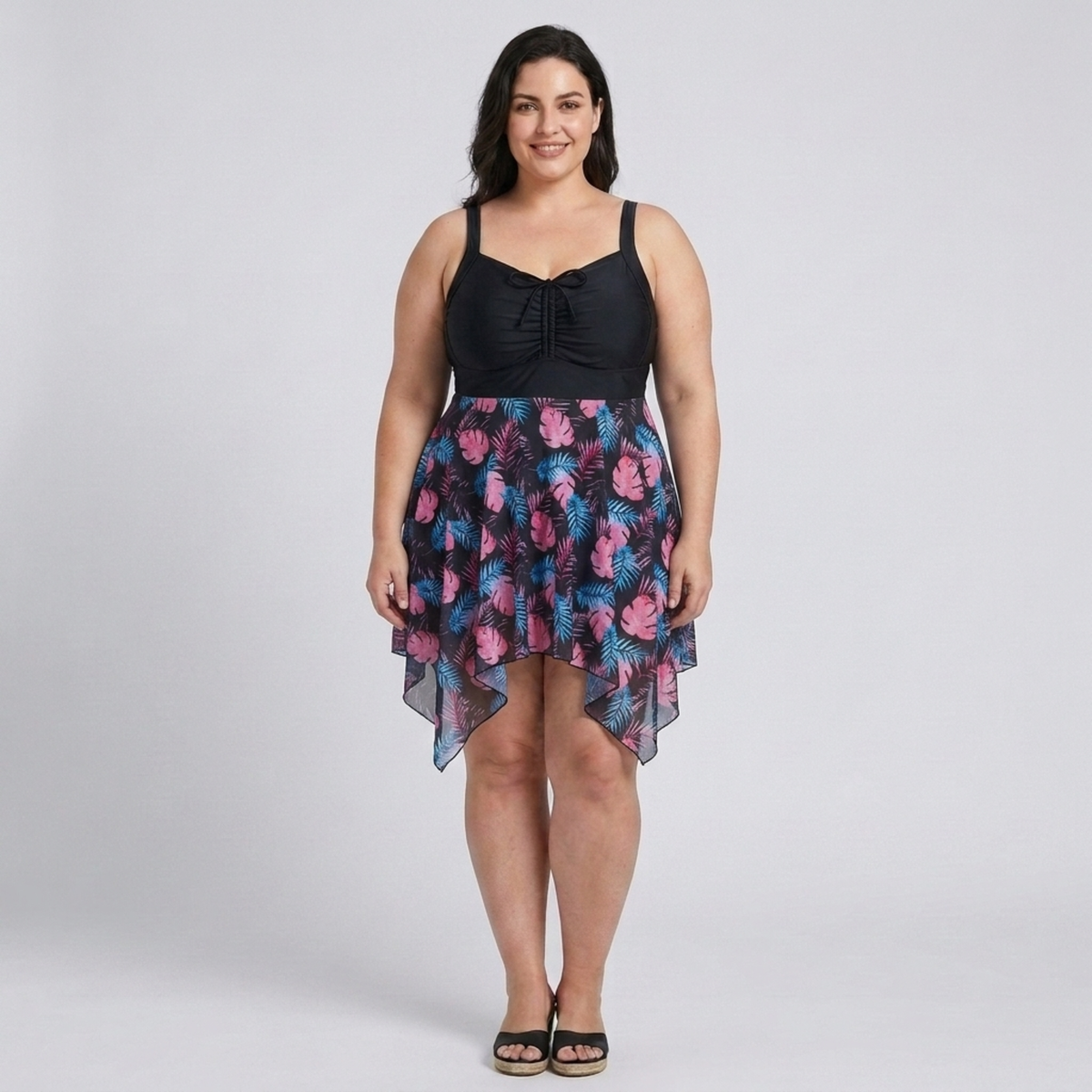 Plus Size Women's Swimsuit Dress with Printed Integrated Skirt — Black