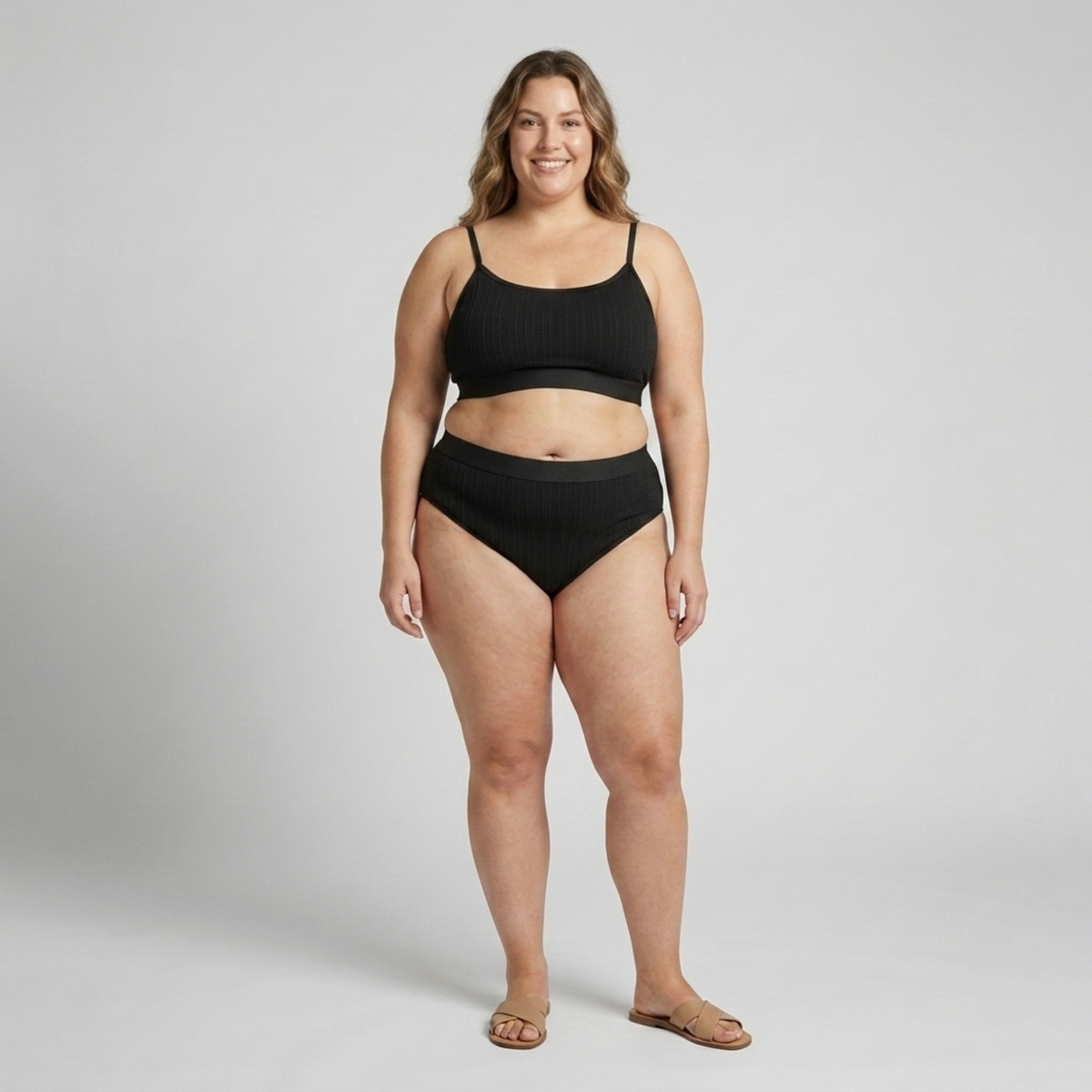 Plus Size Two-Piece Bikini for Women High-Waisted Ribbed Swimsuit — Black