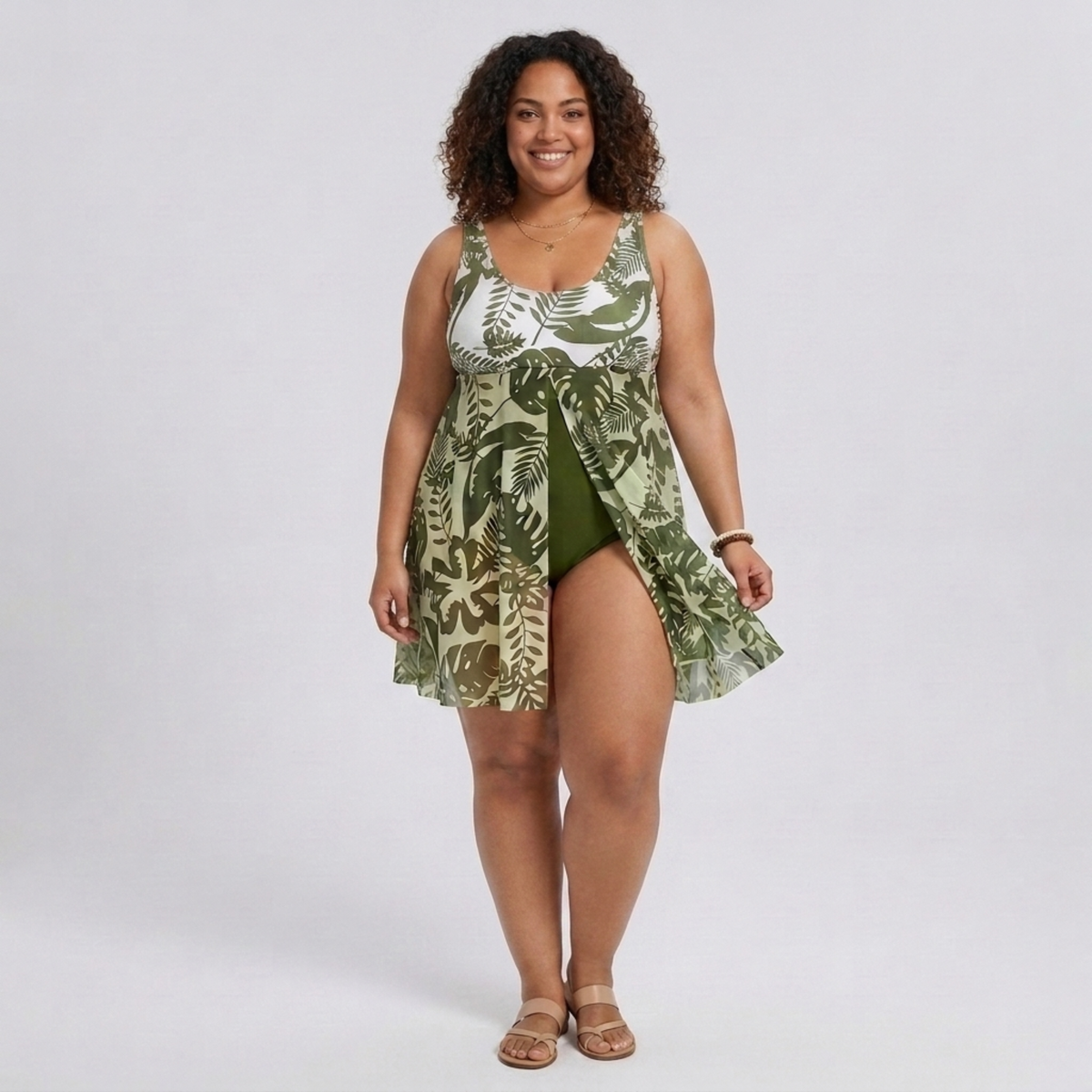 Plus Size One-Piece Swimsuit with Floral Print Sarong — Green