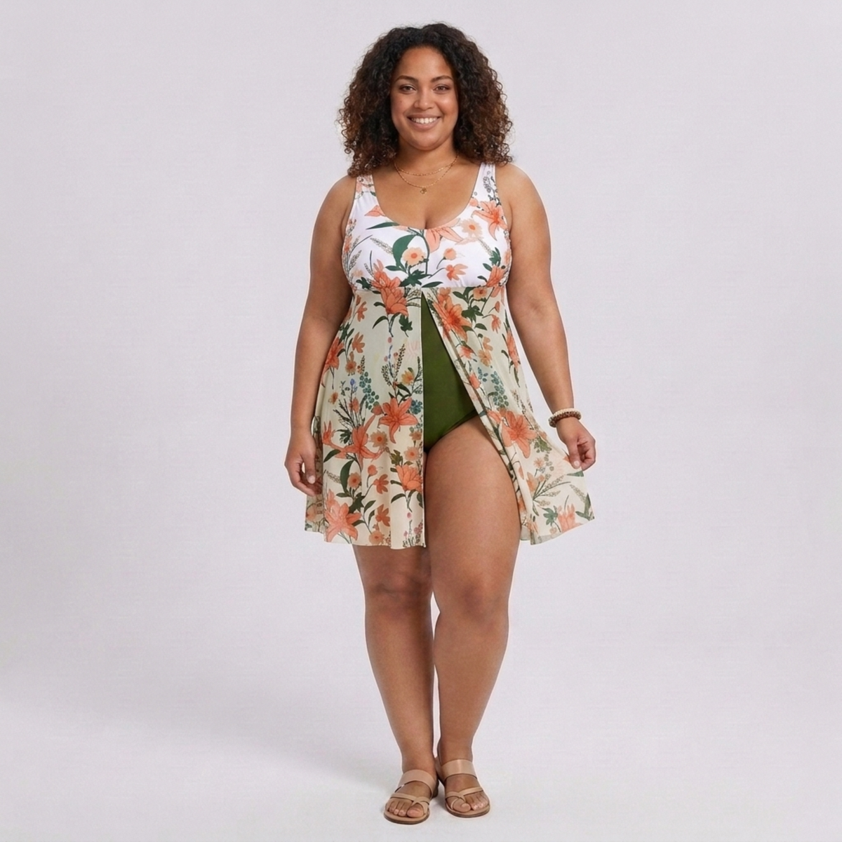 Plus Size One-Piece Swimsuit with Floral Print Sarong — White