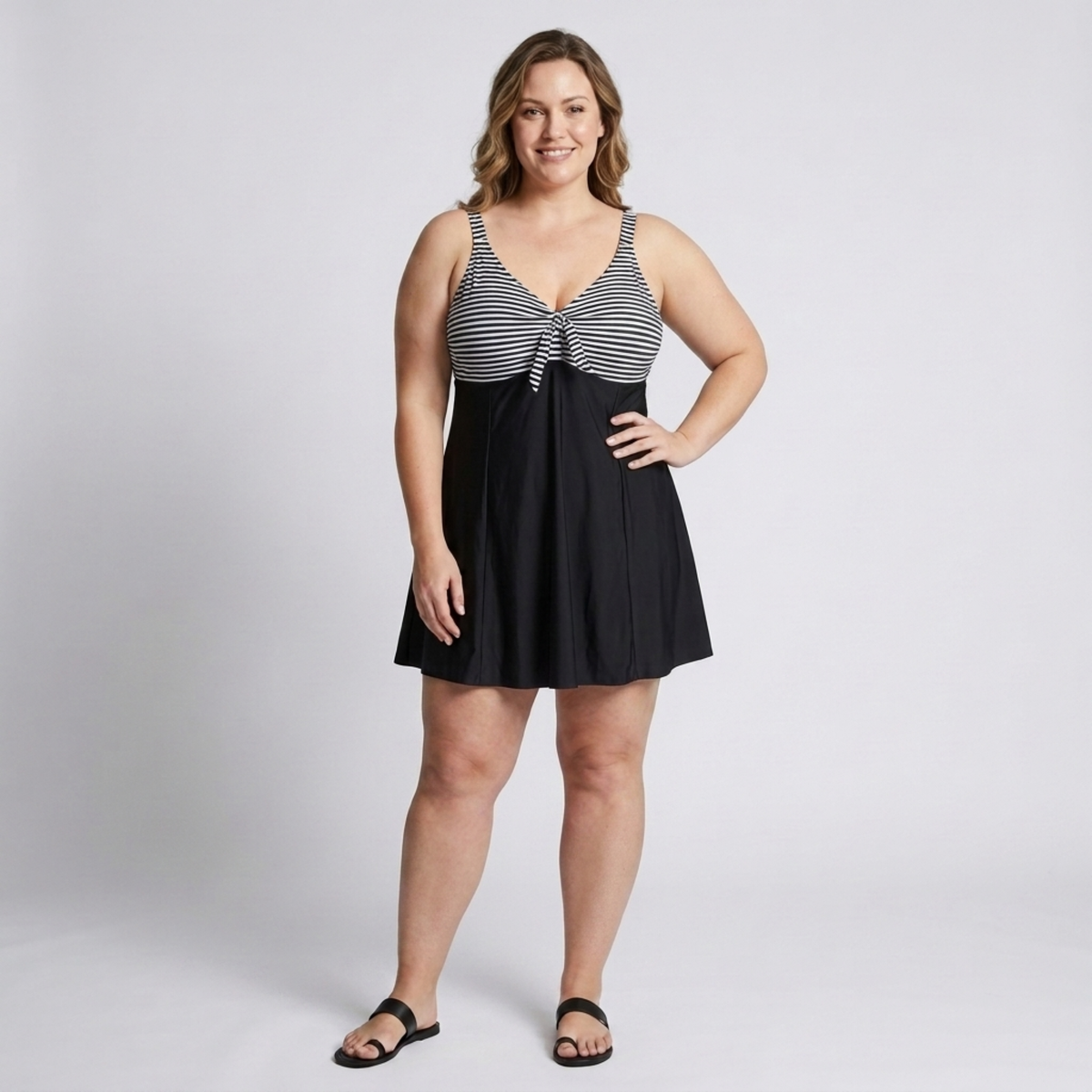 Plus Size Women's Tankini Swimsuit with Fitted Striped Top — Black