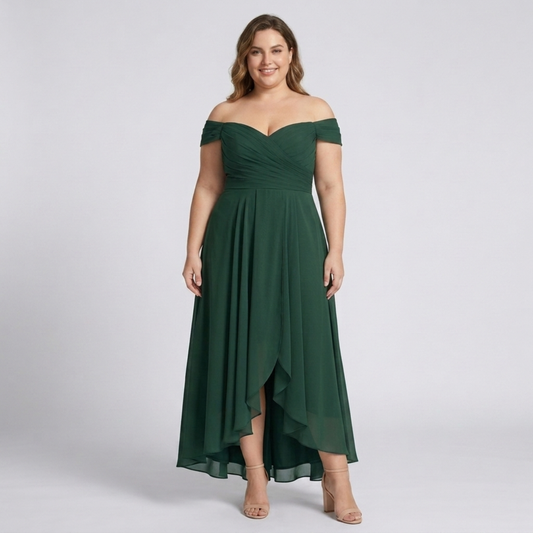 Plus Size Off-the-Shoulder Evening Dress with Slit — Green