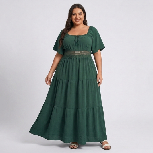 Plus Size Printed Long Dress – Square Neck and Butterfly Sleeves — Dark Green