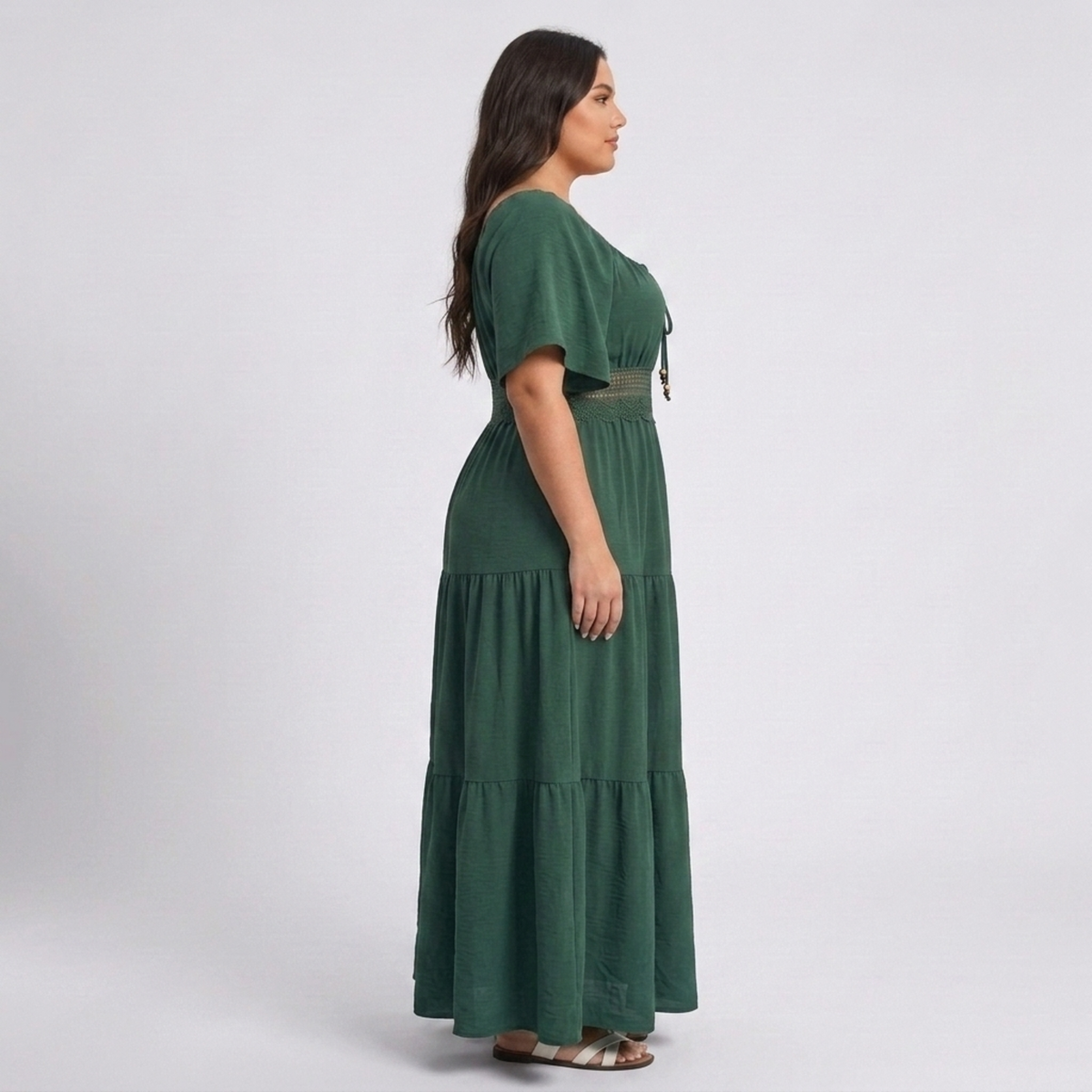 Plus Size Printed Long Dress – Square Neck and Butterfly Sleeves — product view