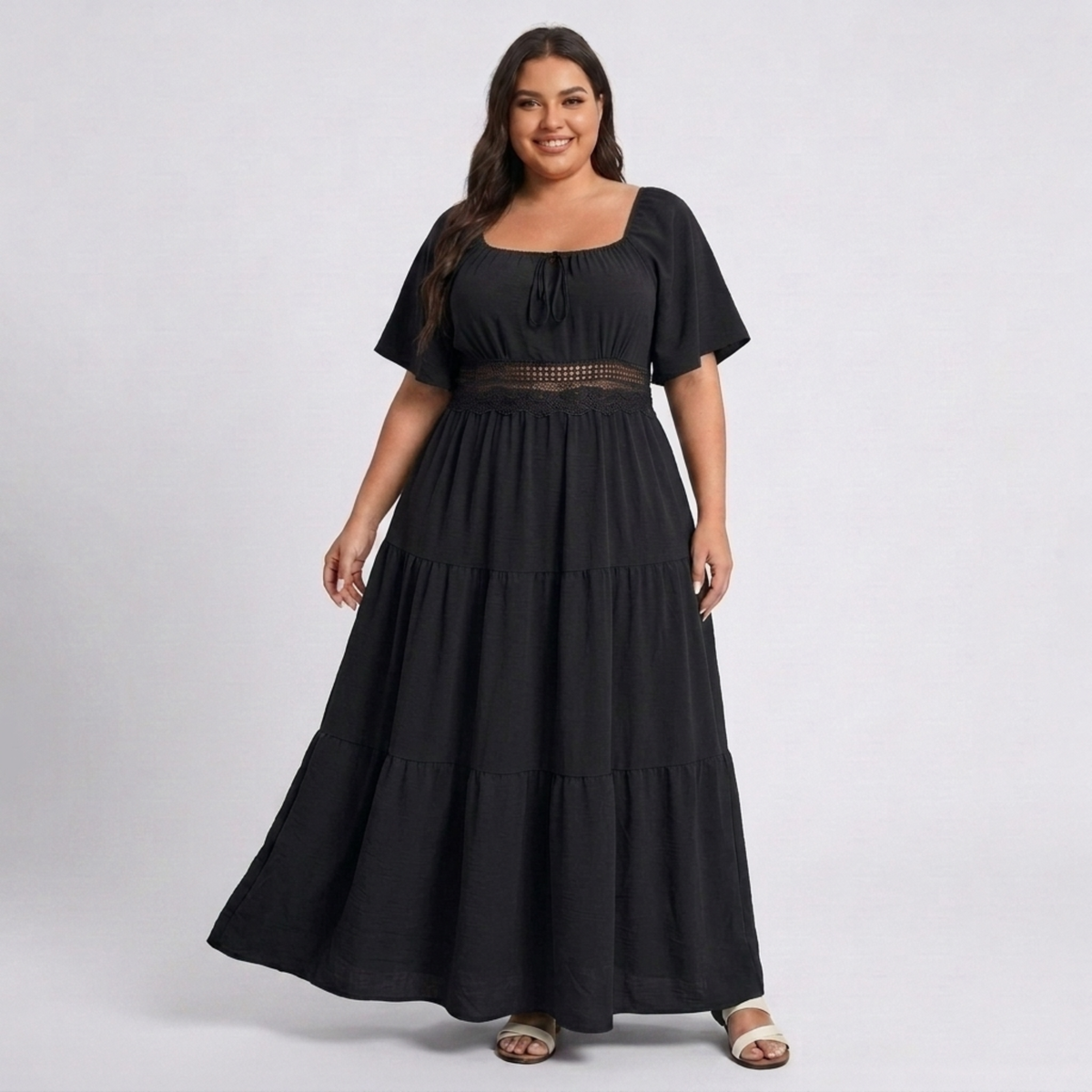 Plus Size Printed Long Dress – Square Neck and Butterfly Sleeves — Black