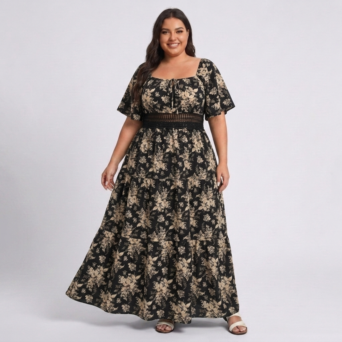 Plus Size Printed Long Dress – Square Neck and Butterfly Sleeves — Black/Beige