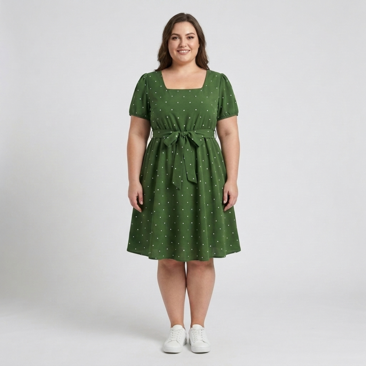 Plus Size Polka Dot Skater Dress – Square Neck and Puff Sleeves — Green