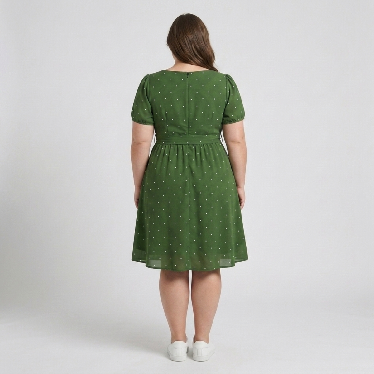 Plus Size Polka Dot Skater Dress – Square Neck and Puff Sleeves — product view