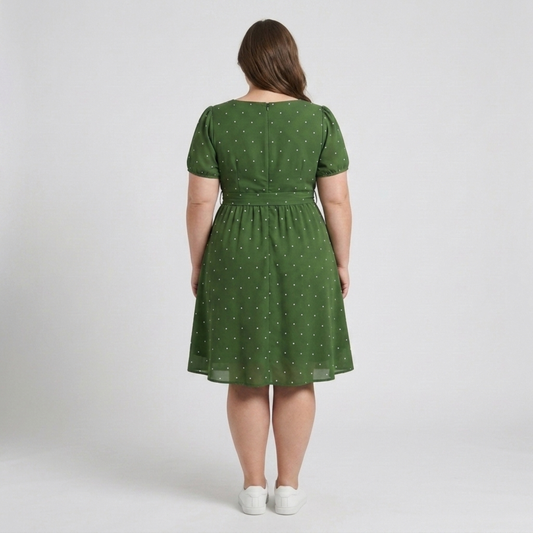 Plus Size Polka Dot Skater Dress – Square Neck and Puff Sleeves — product view