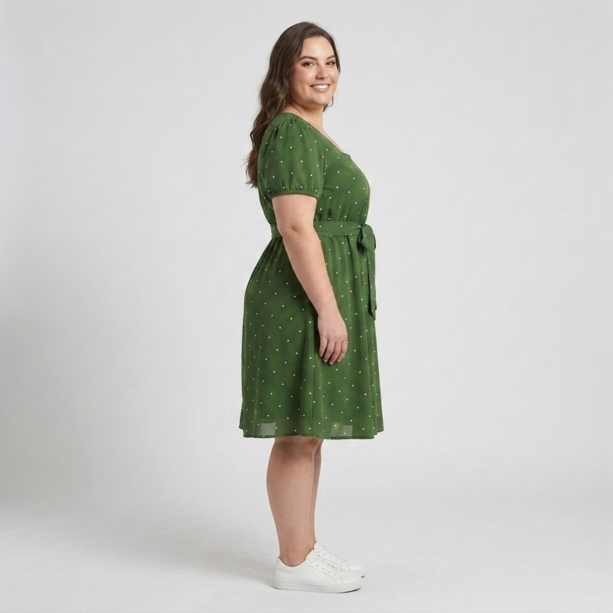 Plus Size Polka Dot Skater Dress – Square Neck and Puff Sleeves — product view