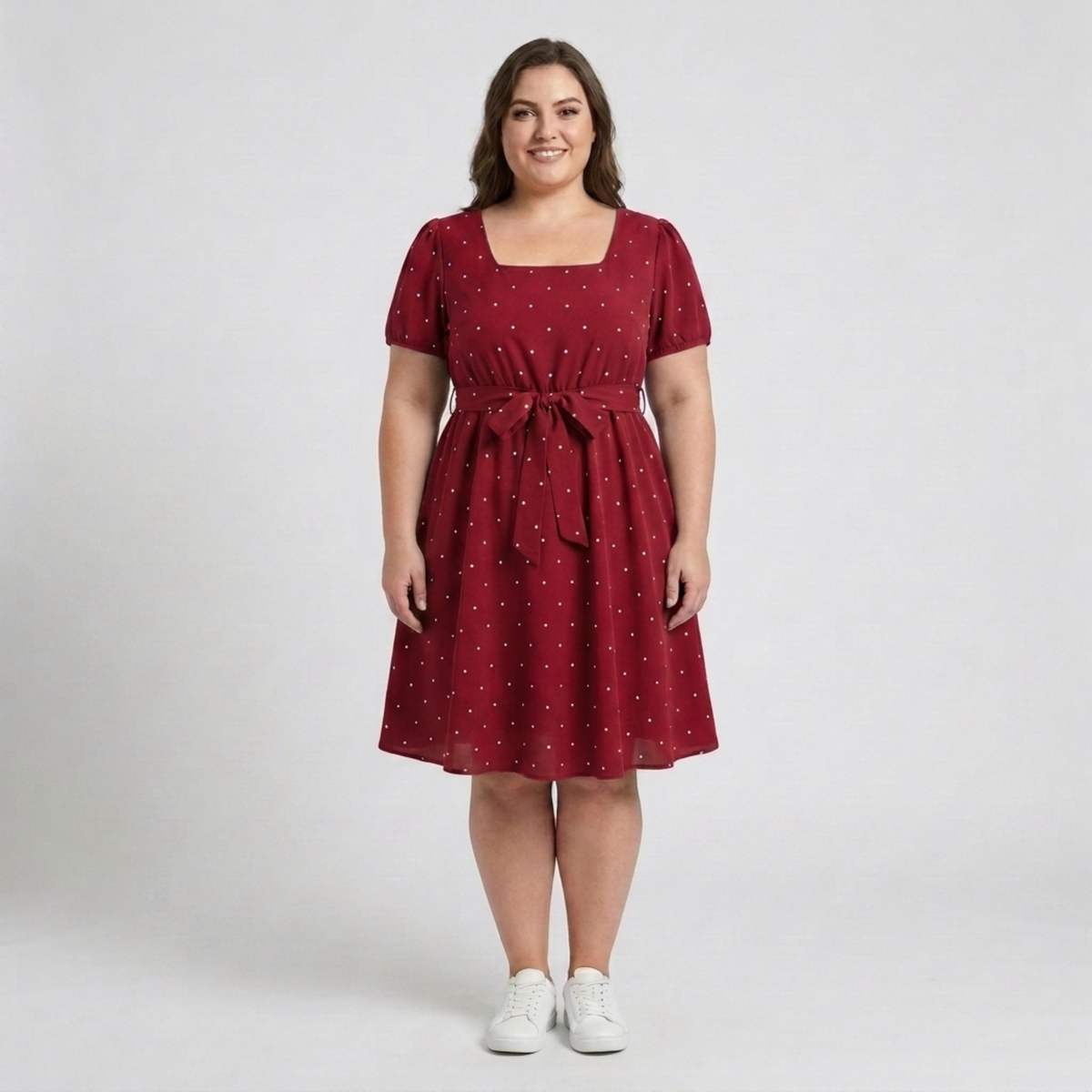 Plus Size Polka Dot Skater Dress – Square Neck and Puff Sleeves — Red