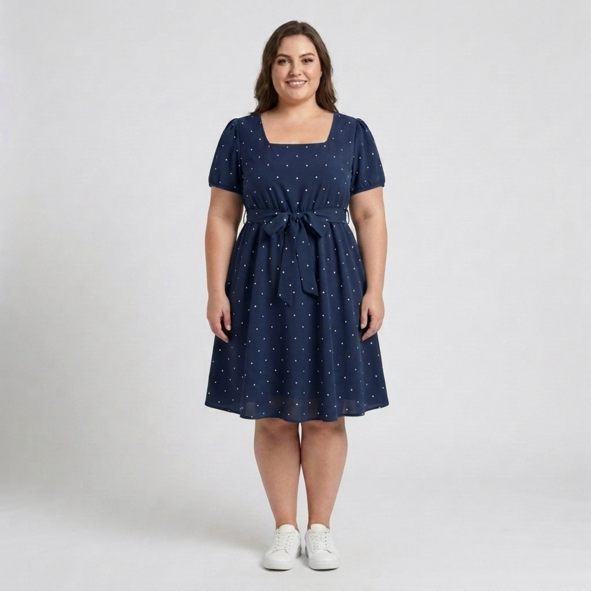 Plus Size Polka Dot Skater Dress – Square Neck and Puff Sleeves — Navy Blue