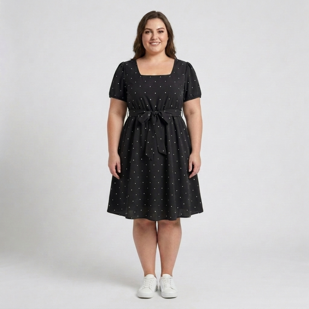 Plus Size Polka Dot Skater Dress – Square Neck and Puff Sleeves — Black