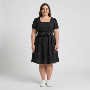 Plus Size Polka Dot Skater Dress – Square Neck and Puff Sleeves — Black