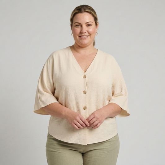 Plus Size Women's Loose Blouse with V-Neck and Long Sleeves — Apricot