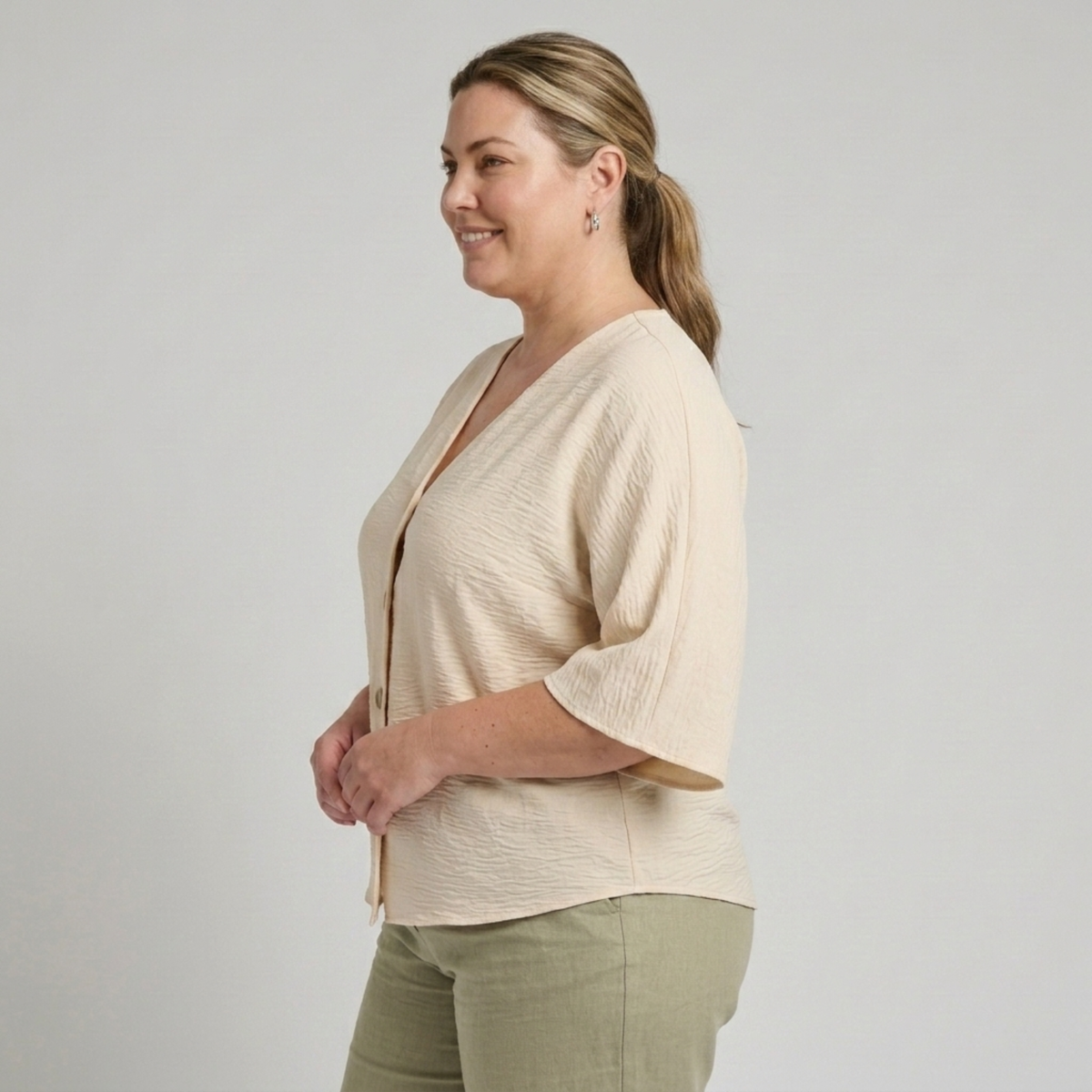 Plus Size Women's Loose Blouse with V-Neck and Long Sleeves — product view