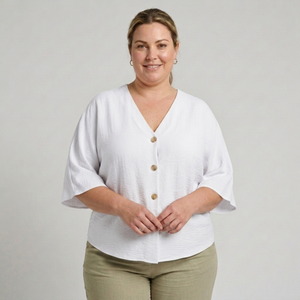 Plus Size Women's Loose Blouse with V-Neck and Long Sleeves — White
